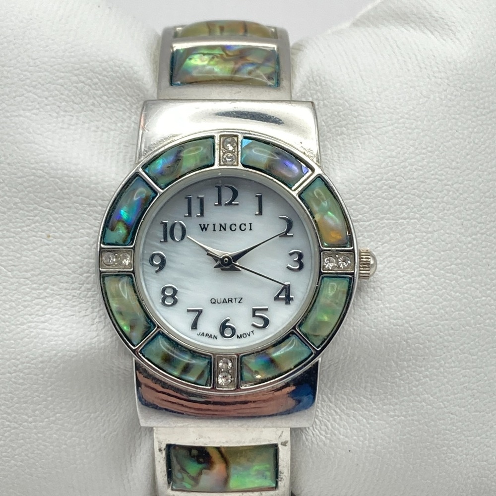 Wincci Women's Watch 28mm Silver Tone Abalone Inlay MOP Cuff New Battery SMALL